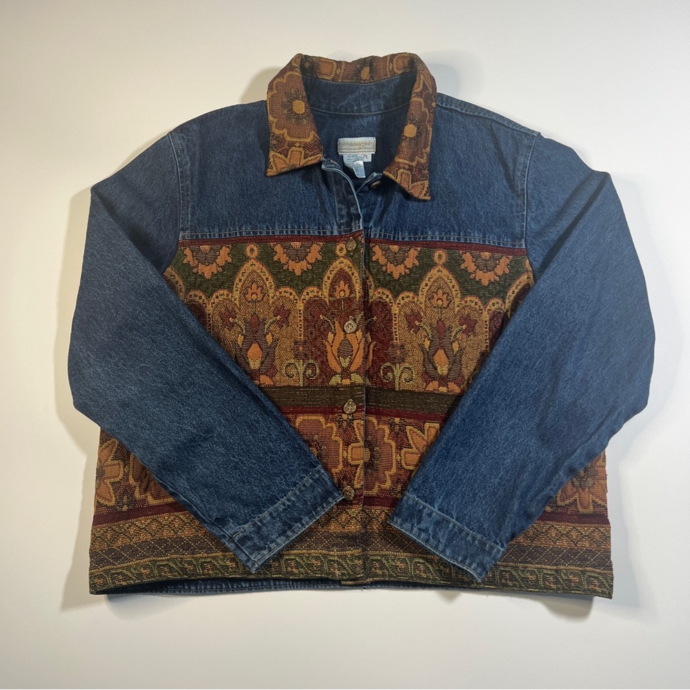Vintage Women's Coldwater Creek Denim Jean Fall Tapestry Jacket Size Petite L